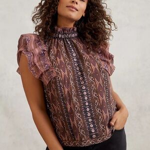 Anthropologie Othilia Caricia Ruffled Blouse Top Purple Black Paisley Print S
